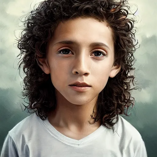 Image similar to a detailed portrait of a ten year old boy, he has short curly brown hair, brown eyes and white skin, fantasy art illustration, incredibly highly detailed and realistic, 8 k, sharp focus