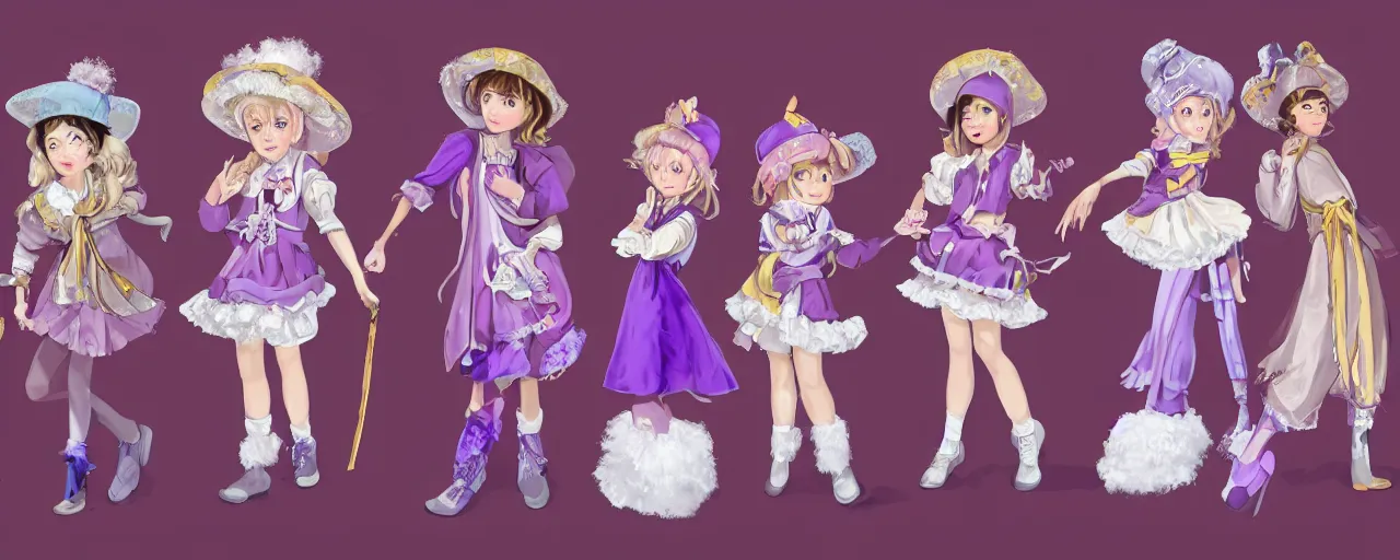 Image similar to A character sheet of full body mystical girls with short blond hair wearing an oversized purple Beret, A purple and white dress uniform, Short Puffy pants made of silk, a fluffly petticoat, pointy jester shoes, a big billowy scarf, Golden Ribbon, and white leggings Covered in stars. Short Hair. Sunlit. Haute Couture.Art by william-adolphe bouguereau and Paul Delaroche and Alexandre Cabanel and Lawrence Alma-Tadema. Smooth. Elegant. Highly Detailed. Intricate. 4K. UHD. Denoise.