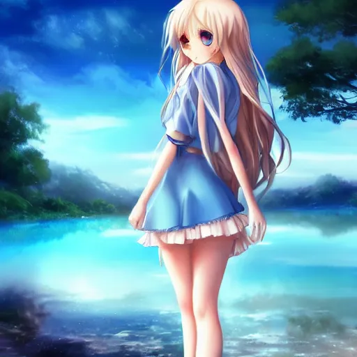 Prompt: a very beautiful anime cute girl, full body, long wavy blond hair, sky blue eyes, full round face, short smile, fancy top, miniskirt, front view, summer lake setting, cinematic lightning, medium shot, highly detailed, cinematic wallpaper by Stanley Artgerm Lau