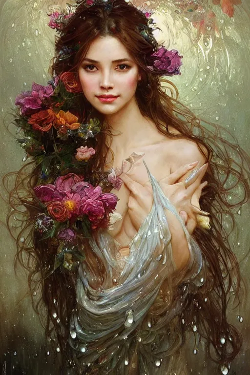 Image similar to portrait of a beautiful mysterious woman holding a bouquet of flowing flowers, wet dripping long hair, hands hidden under the bouquet, emerging from the water, fantasy, regal, intricate, by stanley artgerm lau, greg rutkowski, thomas kindkade, alphonse mucha, loish, norman rockwell