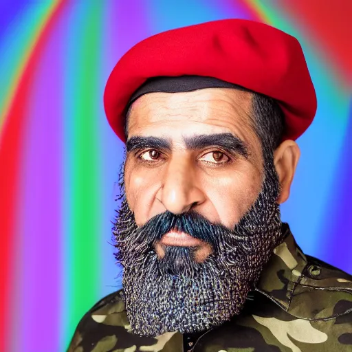 Prompt: professional portrait of a middle aged arab man with a beard wearing military camouflage and a beret, rainbow background, 8 k, very intricate, very detailed,