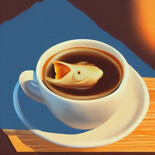 Image similar to a digital painting of a real fish drinking coffee by a straw, hyperrealism