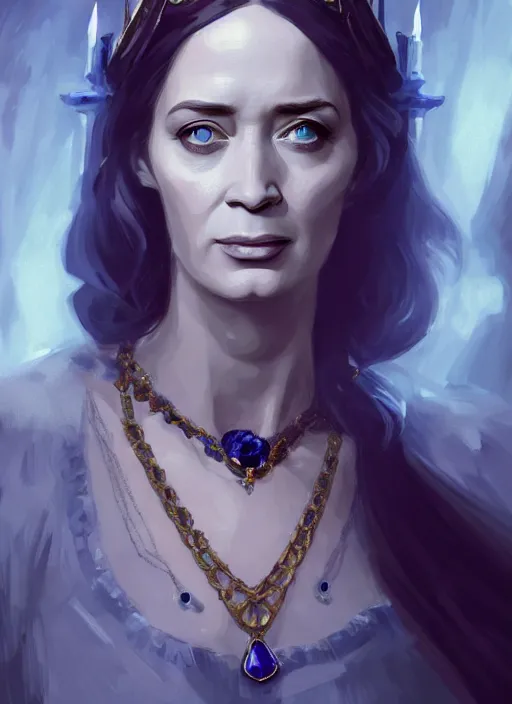 Image similar to portrait of emily blunt as witch queen, jewelry, greek, sapphire, victorian age, 1 8 9 0, intricate, headshot, key visual, conceptart, ambient lighting, highly detailed, digital painting, artstation, concept art, sharp focus, by makoto shinkai and akihiko yoshida and greg manchess