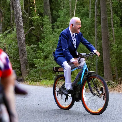 Prompt: joe biden wearing a tutu, riding a bike in the forest