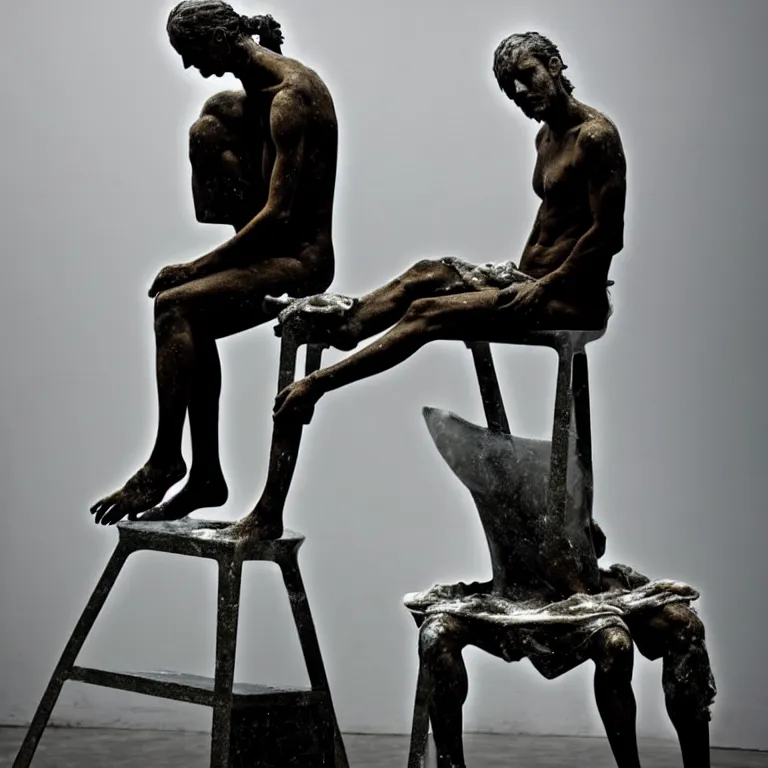 Image similar to a sculpture of a person sitting on top of a chair, a marble sculpture by nicola samori, behance, neo - expressionism, marble sculpture, apocalypse art, made of mist