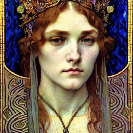 Image similar to detailed realistic beautiful young medieval queen face portrait by jean delville, alphonse mucha, vincent van gogh, and marco mazzoni, art nouveau, symbolist, visionary, gothic, pre - raphaelite