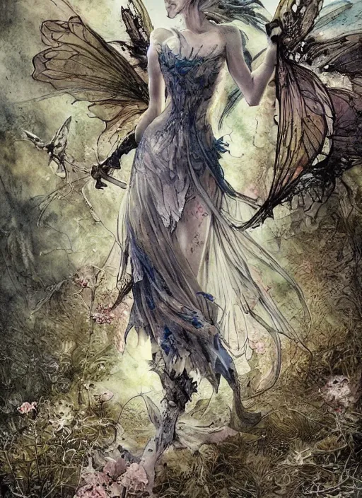 Image similar to beautiful, limping fairy, walks across the battlefield toward an oasis, barb wire, explosions, torn wing, watercolor, pen and ink, intricate line drawings, by Yoshitaka Amano, Ruan Jia, Kentaro Miura, Artgerm,