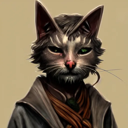 Image similar to dirty homeless humanoid cat wearing rags, concept art, d & d, fantasy, trending on artstation