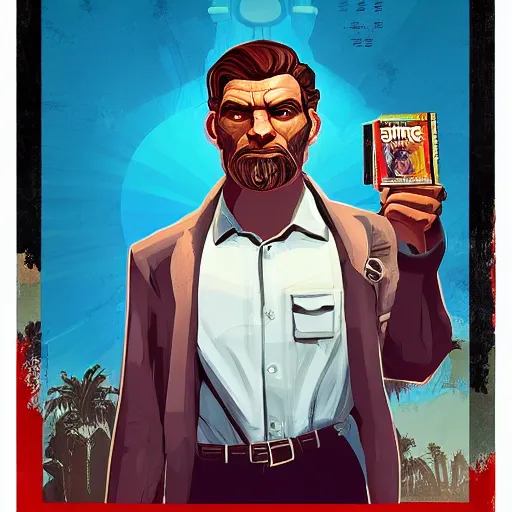 Image similar to saint homo neanderthalis portrait poster with book of science on his right hand, pop art, gta chinatown wars art style, bioshock infinite art style, hyperrealistic, two colors, paper border table, 4 k, remove duplicate content, justify contents center.