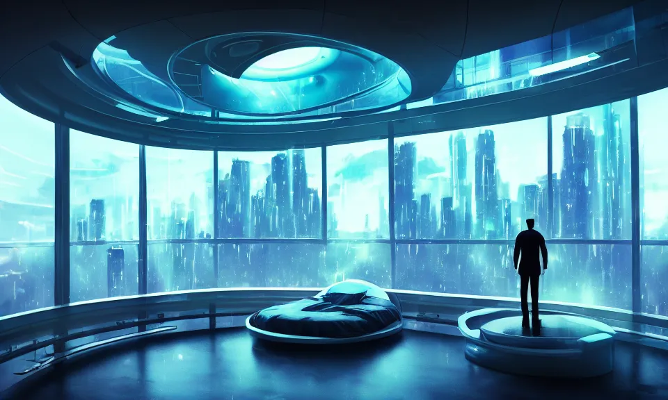 Image similar to a futuristic bedroom with large curved ceiling high windows looking out to a far future cyberpunk cityscape, a mna standing at the window, cyberpunk neon lights, raining, scifi