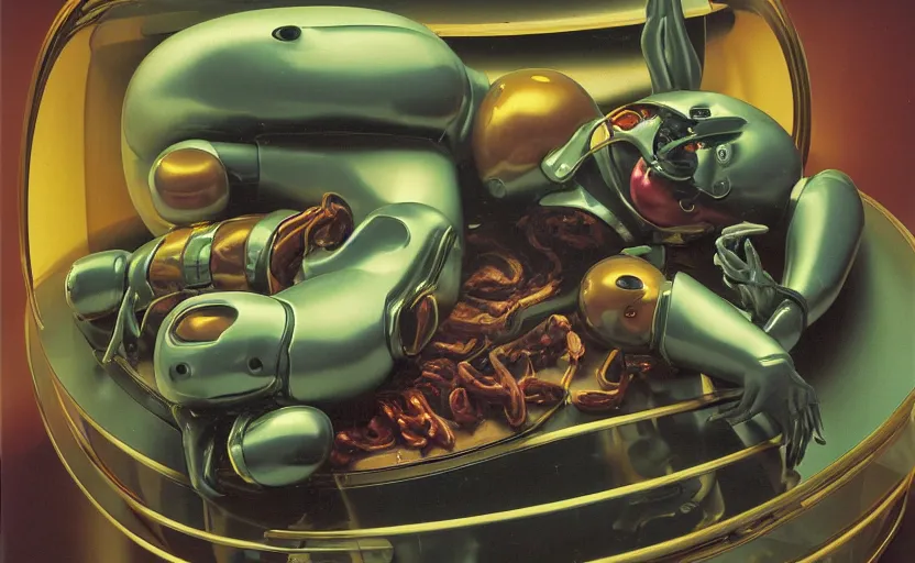 Image similar to strange curvy seductive futuristic robot body, enticing colorful oil painting dutch golden age vanitas eros still life sparse composition with bulbous objects strange gooey transparent surfaces shiny metal reflections bizarre mutant meat insects rachel ruysch dali todd schorr very detailed perfect composition rule of thirds masterpiece canon 5 0 mm, cinematic lighting, photography, retro, film, kodachrome