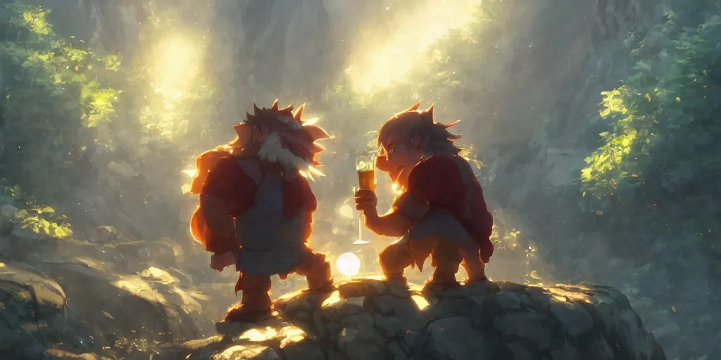 Prompt: a dwarf and a dragon drinking a beer together | gapmoe kuudere moody lighting stunning bokeh highlights sharp contrast | trending pixiv fanbox | by greg rutkowski makoto shinkai takashi takeuchi studio ghibli