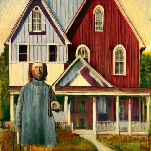 Prompt: many versions of the american gothic painting in styles of different famous painters on a wall