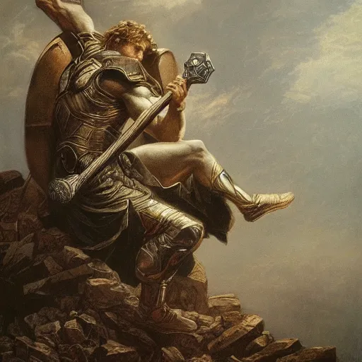 Image similar to a painting of Gustave Doré showing Thor rising the mjolnir, high definition, trending on artstation