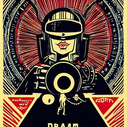 Prompt: !dream Illustrated by Shepard Fairey and H.R. Geiger | Cyberpunk Soviet Samurai with VR helmet, surrounded by cables