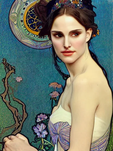 Prompt: a beautiful painting of natalie portman by Alphonse Mucha and by yoshitaka Amano and by Mark Brooks and by gustav klimt and by john william waterhouse, Art Nouveau, Neo-Gothic, gothic, award winning painting, hyperdetailed, detailed