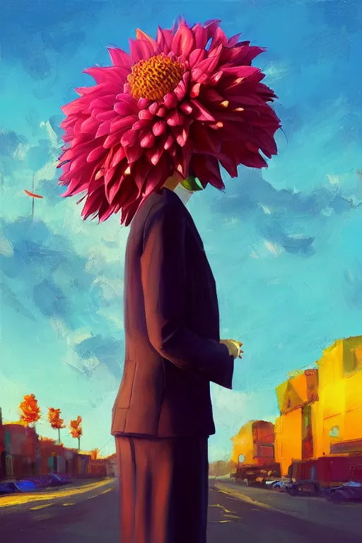 Image similar to closeup giant dahlia flower head, girl in a suit, street, surreal photography, blue sky, sunrise, dramatic light, impressionist painting, digital painting, artstation, simon stalenhag