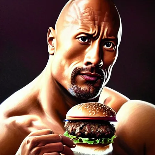 Image similar to portrait of Dwayne Johnson eating hamburgers, extra onions and ketchup, luscious patty with sesame seeds, feminine ethereal, handsome, D&D, fantasy, intricate, elegant, highly detailed, digital painting, artstation, concept art, matte, sharp focus, illustration, art by Artgerm and Greg Rutkowski and Alphonse Mucha