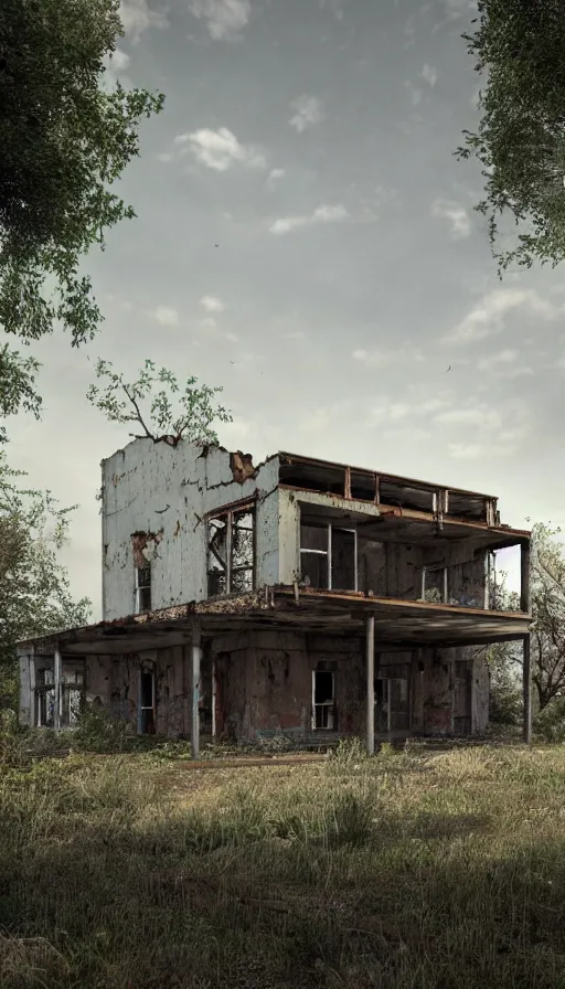Image similar to a beautiful photorealistic rendering of building urbex abandoned ranch - style by b. v. doshi, architecture island, archdaily, wallpaper, highly detailed, trending on artstation.
