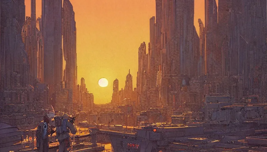 Image similar to Sun setting in a utopian futuristic cityscape with a bounty hunter in the foreground, by Jean Giraud, by Moebius, highly detailed, oil on canvas