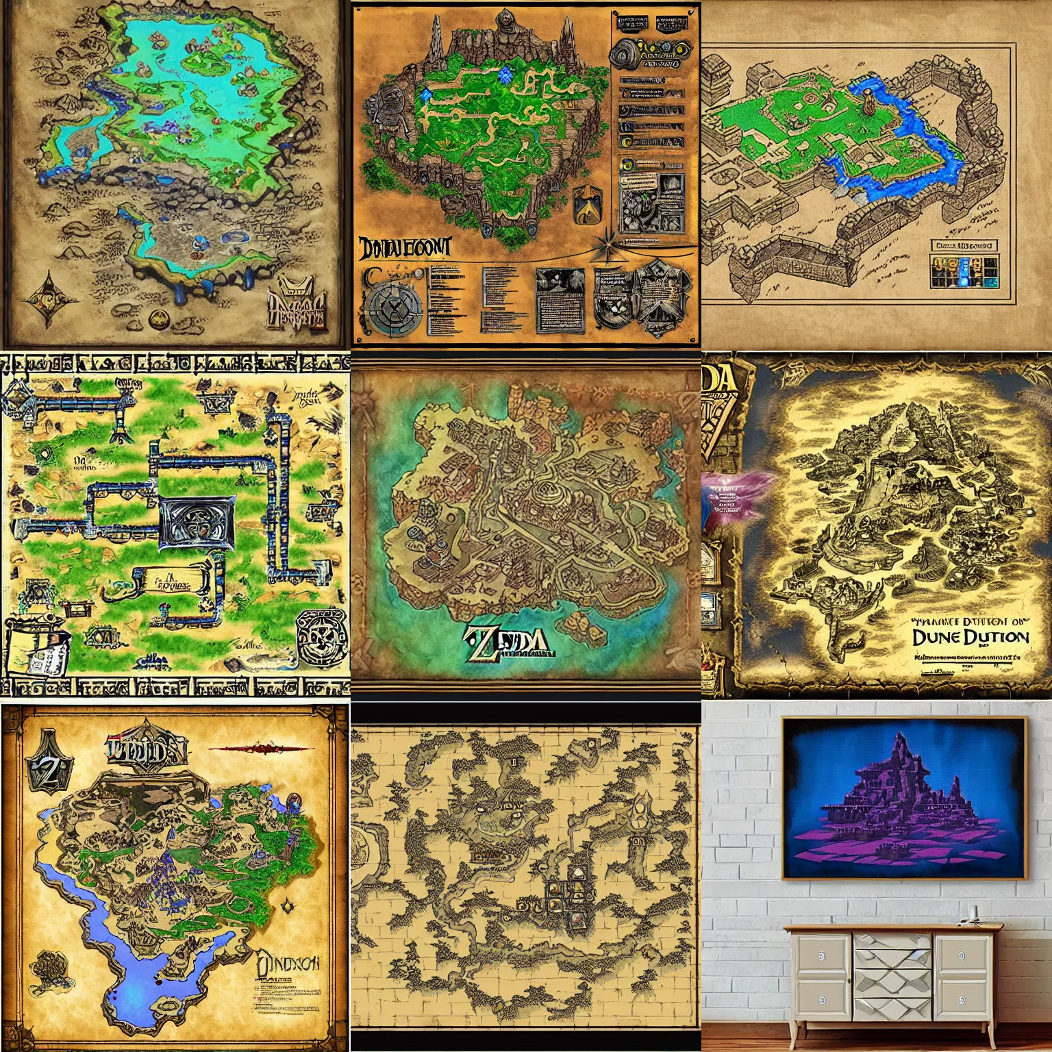 Prompt: Zelda dungeon map, ink on canvas