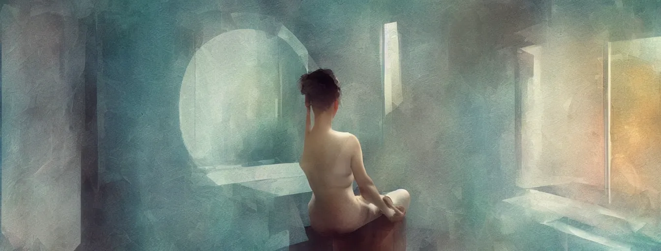 Prompt: view from behind mirror, very deep stillness atmosphere, dimension of still moment, spiritual style, digital art - h 7 0 4