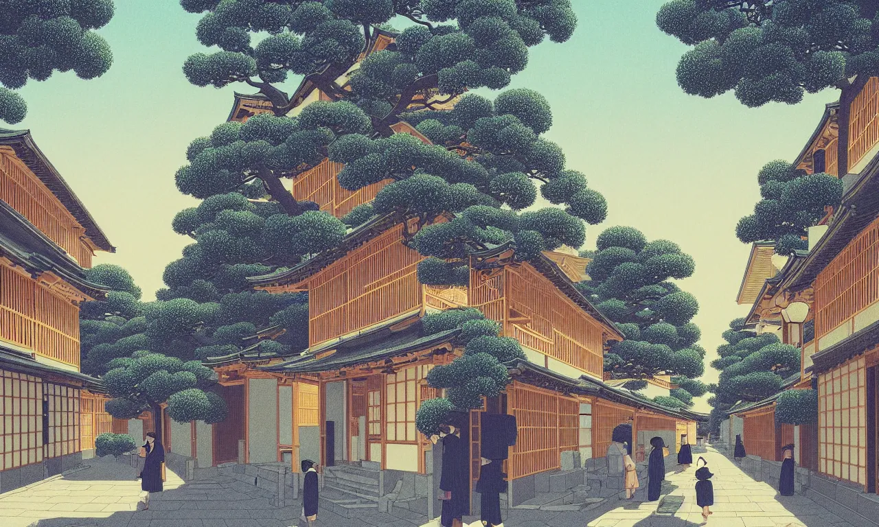 Image similar to an achingly beautiful print of a quiet street in Kyoto Japan with temples and plants, water fountains, magical details, by Raphael, Hopper, and Rene Magritte. detailed, romantic, enchanting, trending on artstation.