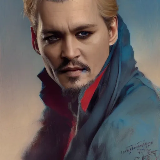 Image similar to detailed cinematic wide shot of beautiful attractive blonde vampire jhonny depp slim face symettrical face clean skin blue eyes black robe smooth, sharp focus, ultra realistic, spring light, painting by gaston bussiere, craig mullins, j. c. leyendecker