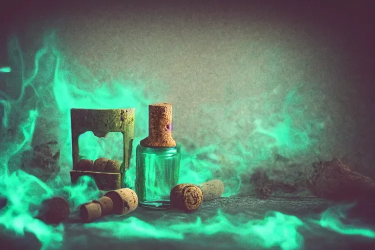 Image similar to small potion with a cork top filled with a green and turquoise gradient liquid, magical potion, glowing liquid, fantasy, on a desk, old film photo