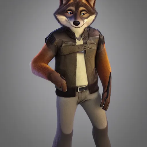 Prompt: full body, 3d render , anthropomorphic wolf male , wearing along brown leather jacket , in the style of Zootopia