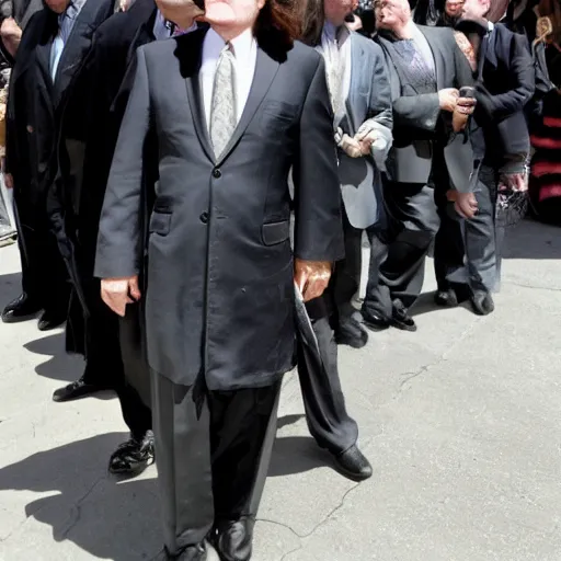 Image similar to quentin tarantino at a funeral, wearing a yarmulke, paparazzi