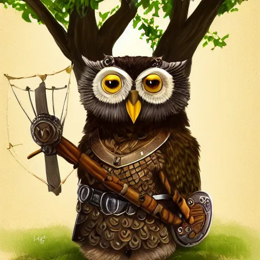 Prompt: A detailed, highly realistic anthropomorphic owl with a viking helmet and round shield standing in front of a tree, an anthropomorphic owl with a fluffy face wearing armor in front of a tree, digital art, ArtStation, Commission, Award Winning