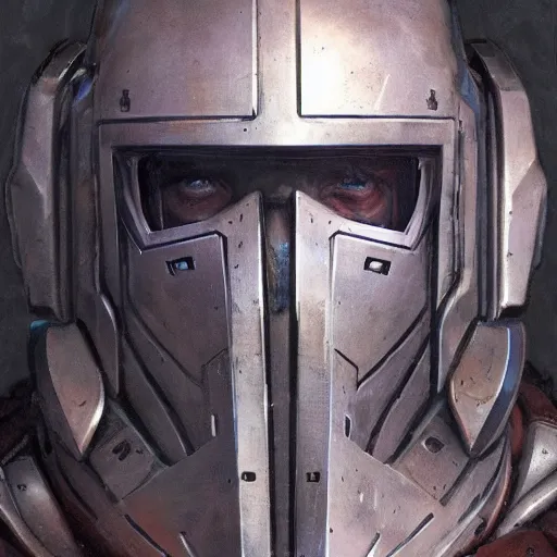 Image similar to the doomslayer with broken armor as a realistic scifi cyberpunk knight, closeup portrait art by donato giancola and greg rutkowski, vintage retro scifi, realistic face, digital art, trending on artstation, symmetry!!