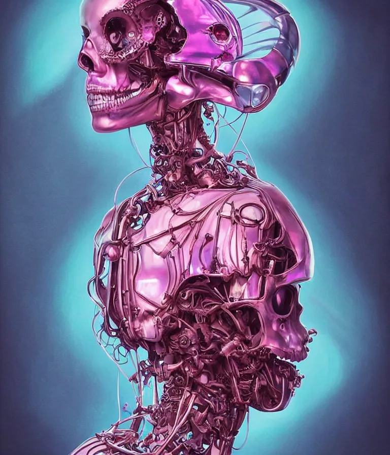 Image similar to fully symmetrical centered iridescent portrait of a beautiful princess of death in robe. skulls artificial muscles, ribcage, bones, hard surface modelling. cyberpunk look. biomechanical mask. bio luminescent biomechanical halo around head. neon jellyfish. artwork by jarold Sng by artgerm, by Eddie Mendoza, by Peter mohrbacher by tooth wu, unreal engine, octane render, cinematic light, high details, iridescent colors, dichroic, macro, depth of field, blur