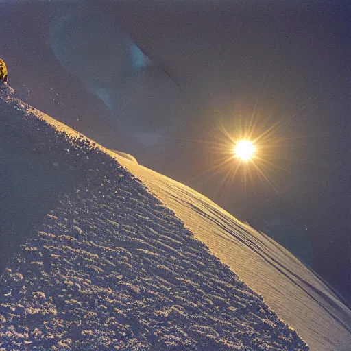 Prompt: A long shot overhead view, with wide angle lens, 15 mm, Kodachrome, An astronaut snowboarding on Marsian dunes, at sunset