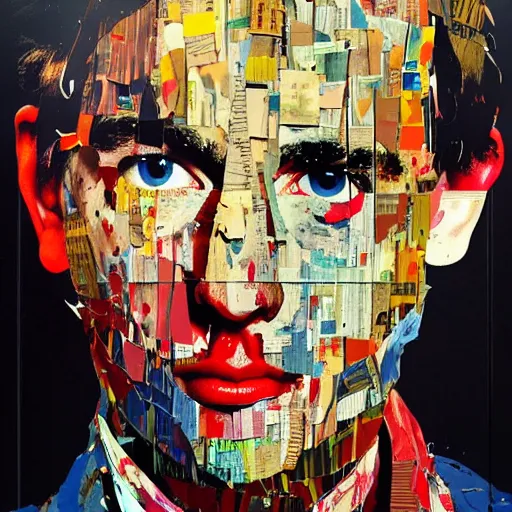 Prompt: a portrait a very ordinary person, by Mimmo Rotella, ripped, torn poster, abstract, vivid colors, flat bold color, facing front, oil painting, anatomically correct, beautiful perfect face, sharp focus, Highly Detailed, Cinematic Lighting