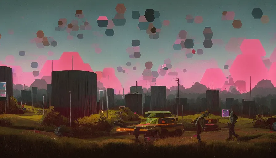 Image similar to hexagons in the sky, blocking the sun, simon stalenhag