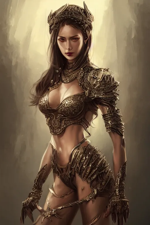 Image similar to three-quarters portrait pose of a beautiful woman, slim body, shining armor, human warrior, fantasy, intricate, elegant, highly detailed, digital painting, artstation, concept art, matte, sharp focus,D&D, illustration, art by Stanley Lau