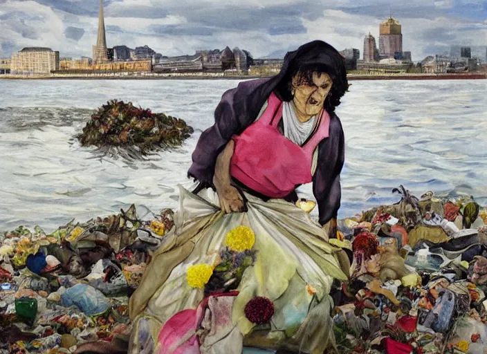 Image similar to painting, suzanne takes your hand and she leads you to the river, she's wearing rags and feathers from salvation army counters, and the sun pours down like honey on our lady of the harbor church in montreal, and she shows you where to look among the garbage and the flowers, there are heroes in the seaweed, by paula rego, by neo rauch, by edward hopper