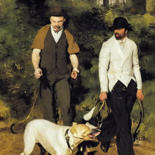 Prompt: Tom Hardy walking a dogs by Edouard Manet
