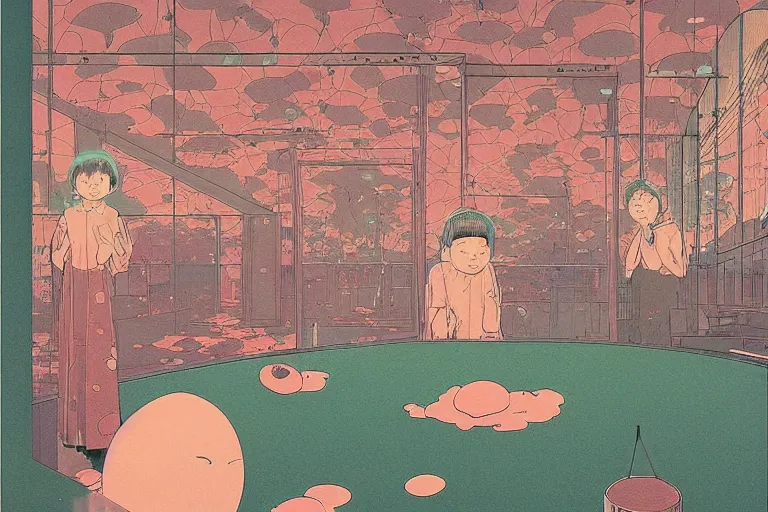 Prompt: gigantic faces that shoot pink lasers from the eyes, a lot of glass around, birds are all over the ground, acid and dreaming psychedelic hallucinations, by kawase hasui, dirtyrobot, edward hopper, satoshi kon and moebius, colorful flat surreal design, super - detailed, a lot of tiny details, fullshot