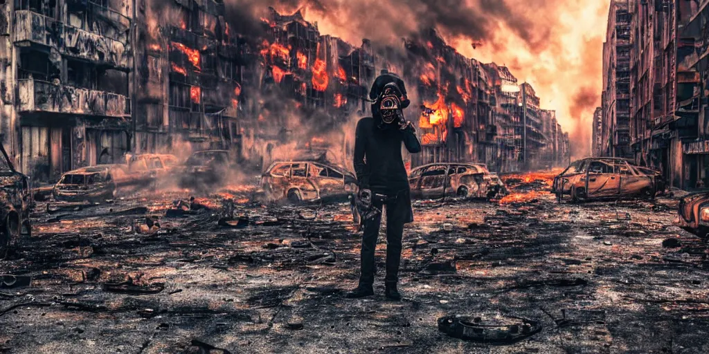 Image similar to post - apocalyptic city streets, close - up shot of an anarchist with a gasmask, burned cars, explosions, colorful smoke, hyperrealistic, gritty, damaged, dark, urban photography, photorealistic, high details