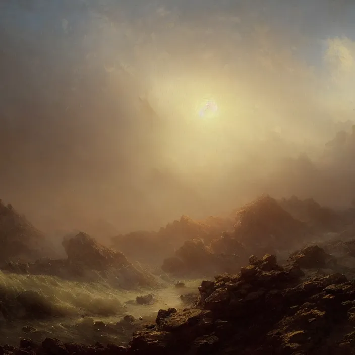 Prompt: a beautiful oil painting of a wasteland by ivan aivazovsky and greg rutkowski and james gurney and frank lloyd and sung choi, in style of impressionnisme. hyper detailed, sharp focus, soft light. unreal engine 5 lumen. ray tracing. trending on artstation. oil on canvas