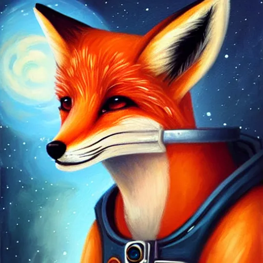 Image similar to portrait of a cute fox as an astronaut in a spaceship that has been to war and is in rough shape, had an eye patch:: in the style of charlie bowater, realistic:: oil painting::