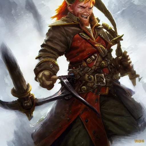 Image similar to handsome grinning ginger elf rogue, tricorne pirate captain hate, naval background, D&D, fantasy, cinematic lighting, centered, symmetrical, highly detailed, digital painting, artstation, concept art, smooth, sharp focus, illustration, volumetric lighting, epic Composition, 8k, art by Akihiko Yoshida and Greg Rutkowski and Craig Mullins, oil painting, cgsociety