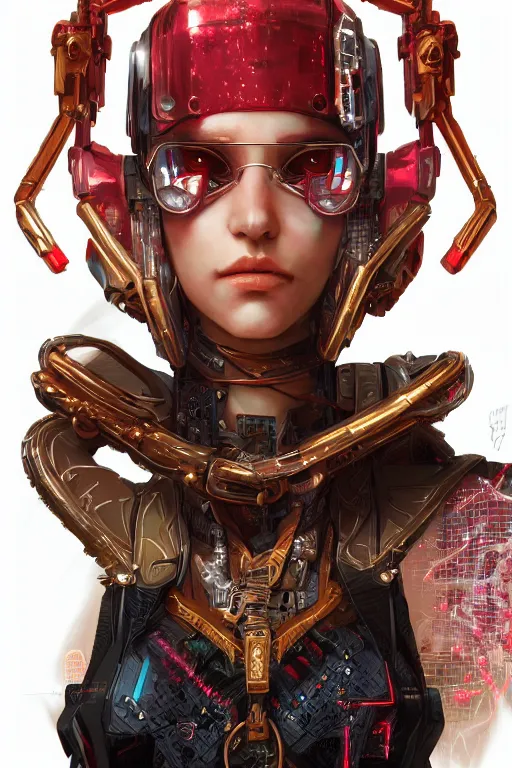 Image similar to Portrait of a cyberpunk cyborg , D&D, sci fi fantasy, intricate, gold and red, richly detailed colored , art by Range Murata, highly detailed, 3d, octane render, bright colors, digital painting, trending on artstation, sharp focus, illustration style of Stanley Artgerm,