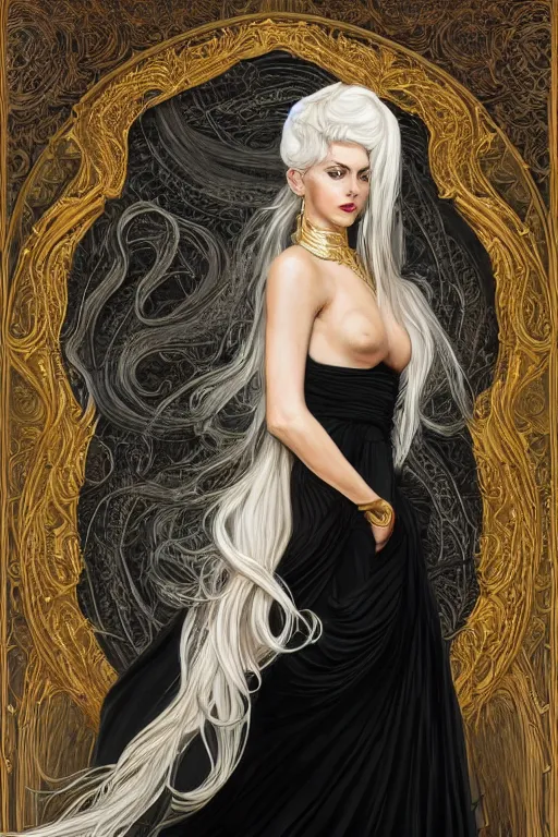 Image similar to fullbody!! of a beautiful woman with white hair, big natural horns on her head, long flowing intricate black lace dress, gold jewellery, dnd, face, fantasy, intricate, elegant, highly detailed, digital painting, artstation, concept art, smooth, sharp focus, illustration, art by artgerm and greg rutkowski and alphonse mucha