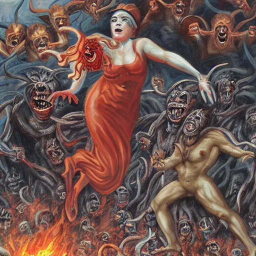 Image similar to painting of a woman falling into hell with a bunch of demons around her