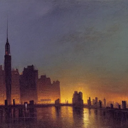 Prompt: city, night, dramatic light, oil painting, by caspar david friedrich