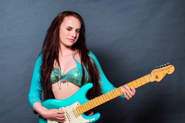 Image similar to mermaid playing an stratocaster electric guitar, photo, studio lighting